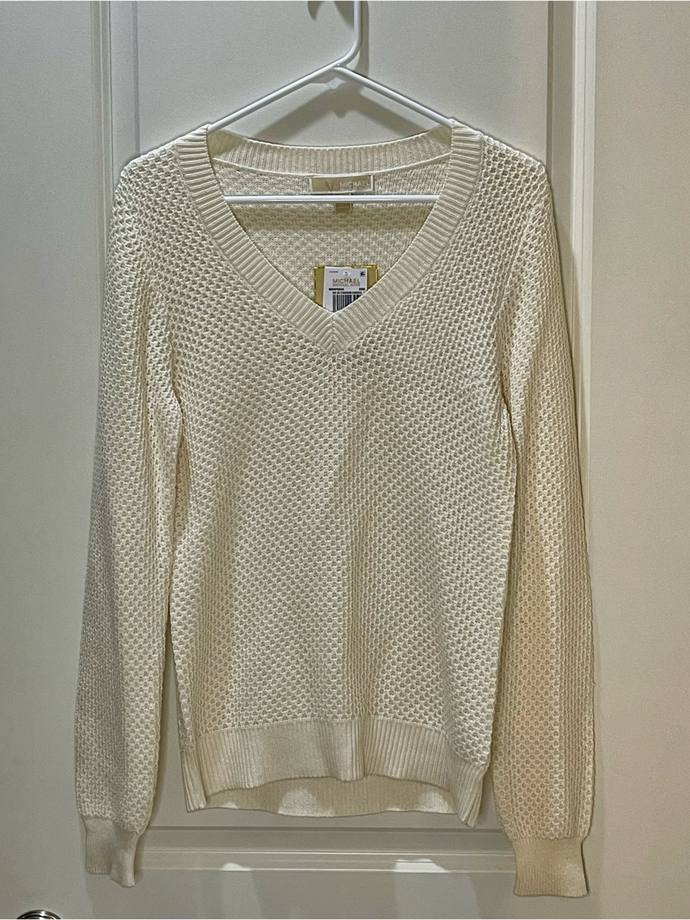 Michael Kors Cream V-Neck Textured Knit Sweater NWT M